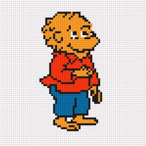 May include: Pixelated image of a cartoon character in a cross-stitch style. The character has orange hair, a red shirt, blue pants, and tan shoes. The character is holding a small object in their right hand.
