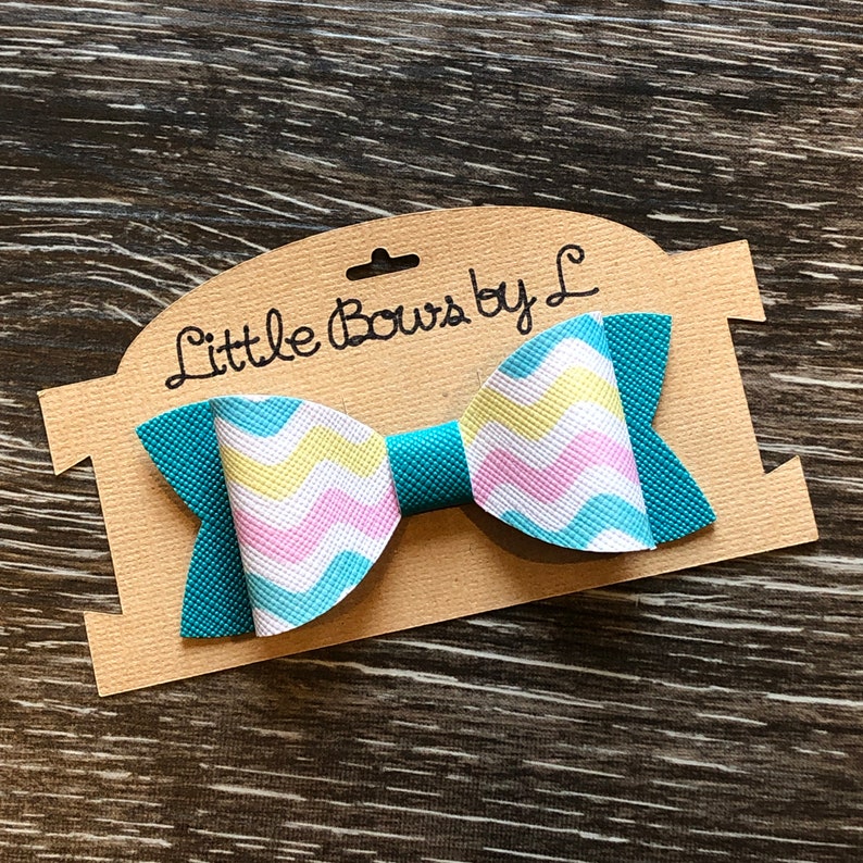 Teal and Spring Colored Wavy Stripped Hair Bow Easter 3 inch length Alligator Clip Nylon Headband