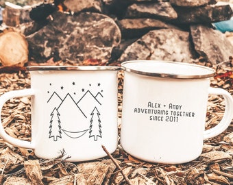 Custom 10 Year Anniversary Gift. Tin Mountain Wedding Enamel Mug. Personalised Adventure Mug. Unique Engagement Gift. Campfire Tin Camper