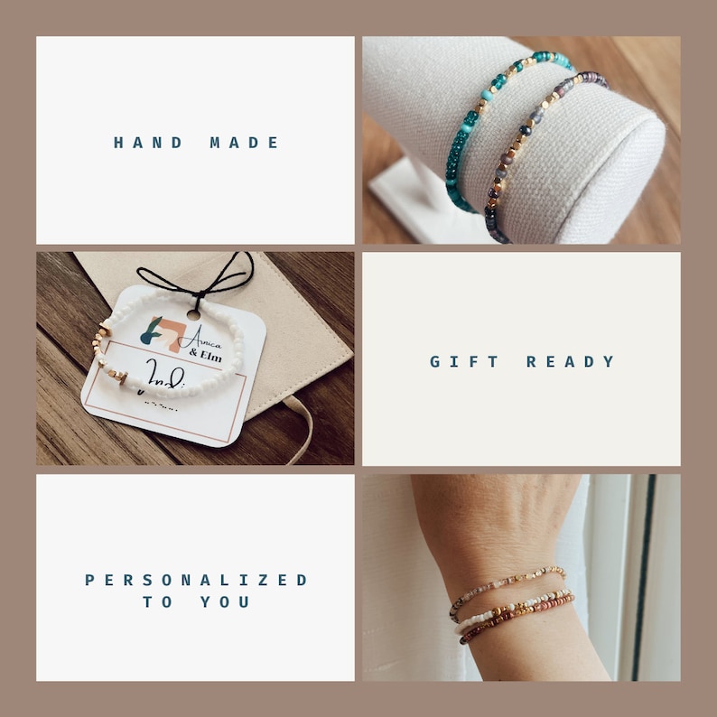 May include: Two sets of beaded bracelets, one set in turquoise and gold, the other in pink and gold. The bracelets are displayed on a white fabric covered stand and on a hand. The image also includes a small card with the text "Anica & Elm" and "Indi". The text "HAND MADE", "GIFT READY", and "PERSONALIZED TO YOU" is displayed on the image.