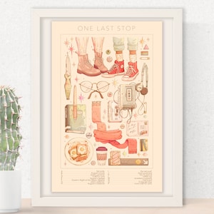 Può includere: Un'illustrazione colorata di vari oggetti, tra cui un paio di scarpe da ginnastica rosse, un nastro per cassette, una sciarpa, un libro, una tazza di caffè e un piatto di cibo. Il testo "ONE LAST STOP" è in cima all'immagine. Gli oggetti sono disposti in una griglia su uno sfondo beige chiaro.