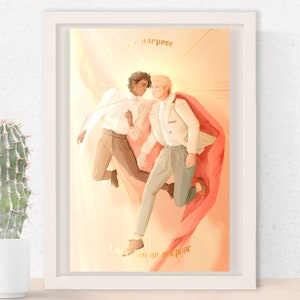 Könnte beinhalten: Zwei Männer in weißen Anzügen fliegen in der Luft, umgeben von einem roten und weißen Stoff. Der Text "we purpose" befindet sich oben im Bild und "I love him on purpose" unten.