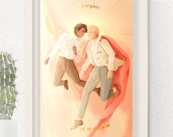 May include: Two men in white suits are flying in the air, surrounded by a red and white fabric. The text "we purpose" is at the top of the image and "I love him on purpose" is at the bottom.