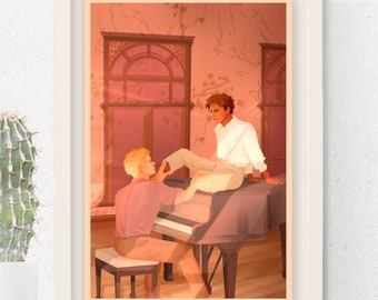 May include: Two people are sitting in a room with a large window and a piano. The person on the left is playing the piano and the person on the right is sitting on the piano with their leg resting on the piano keys. The room is decorated with plants and has a warm, inviting atmosphere.