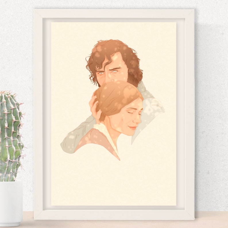 Op de afbeelding: Een digitale illustratie van een koppel dat elkaar omhelst. De man heeft bruin haar en draagt een lichtbruin shirt. De vrouw heeft blond haar en draagt een lichtbruine jurk. De achtergrond is lichtbeige.