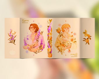 May include: Two illustrated cards with a man on each. The card on the left has a purple background with a man holding lavender flowers. The card on the right has an orange background with a man holding orange blossoms. The text on the cards reads "The Pairing Game" and "Cary Mcquiston".