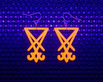 Sigil of Lucifer Earrings / Pink and Orange / UV Reactive / Occult / Cyber Goth / Rave / Neon / Glow