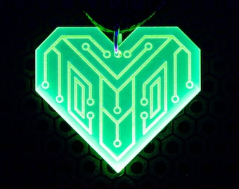 Cyber Heart Pendant / Green / Love / Cyber / Punk / Goth / Rave / Laser Cut / Jewelry / PLUR /  Neon / Glow