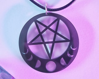 Moon Phase Pentagram Necklace / Black Smoke / Gothic / Witch / Occult / Laser Cut / Pendant / Jewelry