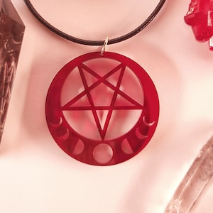 Collar de pentagrama de fase lunar / Rojo oscuro / Pagano / Bruja / Corte láser / Colgante / Joyería