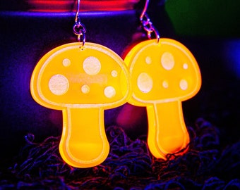 Mushroom Earrings / Pink and Orange / UV Reactive / Cyber Goth / Rave / Jewelry / Punk /  Neon / Glow