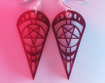 Witch's Point Earrings / Dark Red / Goth / Nugoth / Moon / Pentagram / Laser Cut / Jewelry