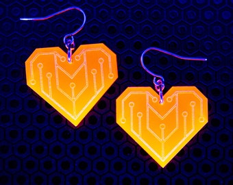 Cyber Heart Earrings / Pink and Orange / UV Reactive / Cyber Goth / Rave / Jewelry / Punk /  Neon / Glow