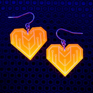 Pendientes Cyber Heart / Rosa y Naranja / UV Reactivo / Cyber Goth / Rave / Joyería / Punk / Neón / Resplandor