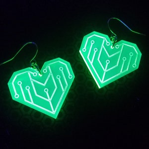 Cyber Heart Earrings / Green / UV Reactive / Cyber Goth / Rave / Jewelry / Punk /  Neon / Glow