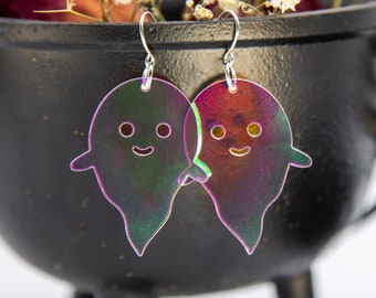 Ghost Earrings / Happy / Iridescent / Little Ghost / Cute / Halloween / Laser Cut / Acrylic Earrings