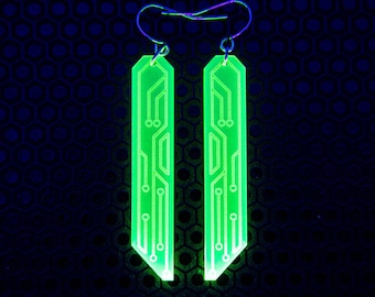 Data Chip Earrings / Green / UV Reactive / Cyber Goth / Rave / Jewelry / Punk /  Neon