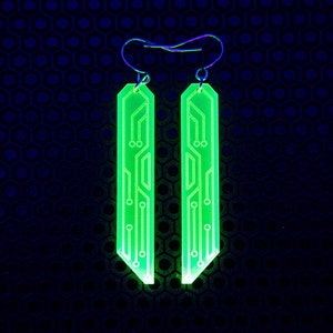 Data Chip Earrings / Green / UV Reactive / Cyber Goth / Rave / Jewelry / Punk /  Neon