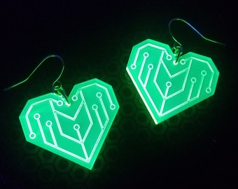 Cyber Heart Earrings / Green / UV Reactive / Cyber Goth / Rave / Jewelry / Punk /  Neon / Glow