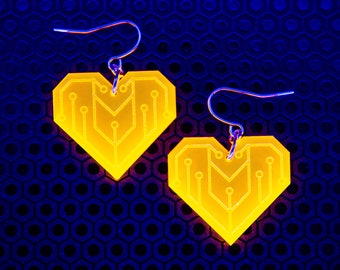 Cyber Heart Earrings / Orange / UV Reactive / Cyber Goth / Rave / Jewelry / Punk /  Neon / Glow