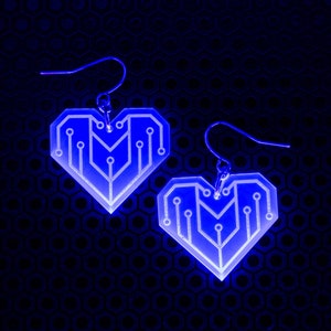 Cyber Heart Earrings / Blue / UV Reactive / Cyber Goth / Rave / Jewelry / Punk /  Neon / Glow