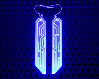 Data Chip Earrings / Blue / UV Reactive / Black Light / Cyber / Goth / Rave / Jewelry / Punk /  Neon / Glow