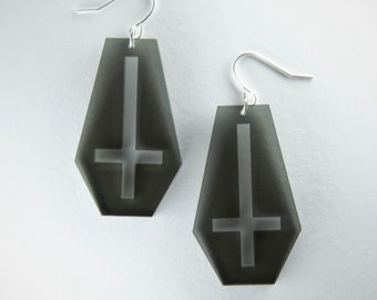 Coffin Earrings / Black Smoke / Inverted Cross / Gothic / Spooky / Laser Cut / Acrylic Earrings