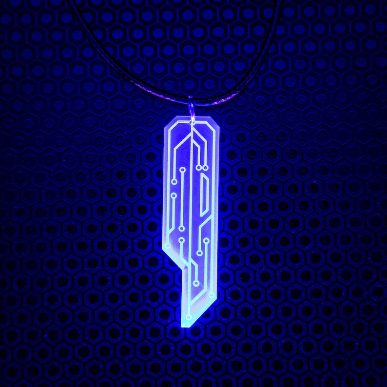 Data Chip Necklace / Blue / UV Reactive / Cyberpunk / Rave / Jewelry / Punk / Neon / Glow Necklace