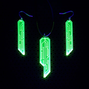 Data Chip Necklace / Green / UV Reactive / Cyberpunk / Rave / Jewelry / Punk / Neon / Glow Necklace & Earrings