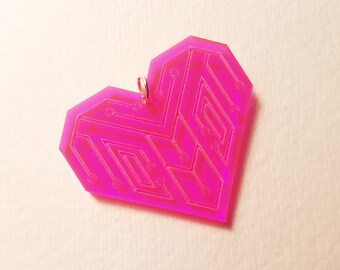 Pink to Orange Cyber Heart Pendant  Cyber  Punk  Goth  Rave  Laser Cut  Jewelry  Punk   Neon  Glow