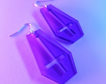 Coffin Earrings / Purple / Inverted Cross / Gothic / Spooky / Laser Cut / Acrylic Earrings