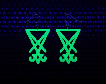 Sigil of Lucifer Earrings / Green / UV Reactive / Occult / Cyber Goth / Rave / Neon / Glow