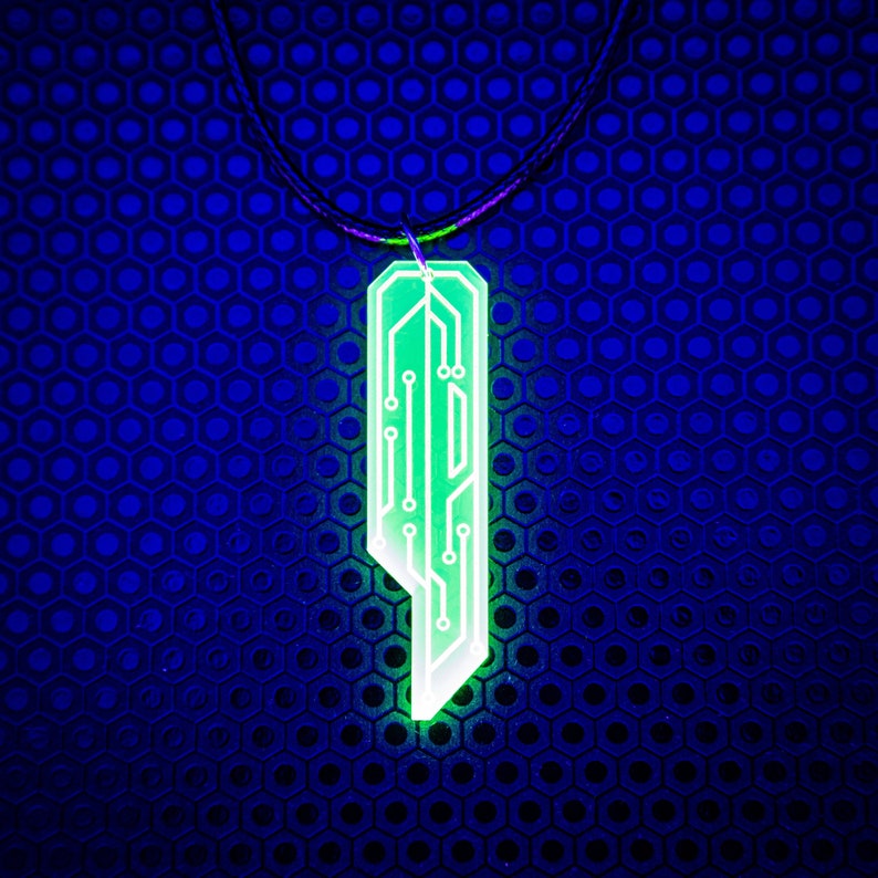 Data Chip Necklace / Green / UV Reactive / Cyberpunk / Rave / Jewelry / Punk / Neon / Glow image 1