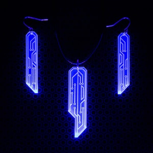 Data Chip Necklace / Blue / UV Reactive / Cyberpunk / Rave / Jewelry / Punk / Neon / Glow Necklace & Earrings