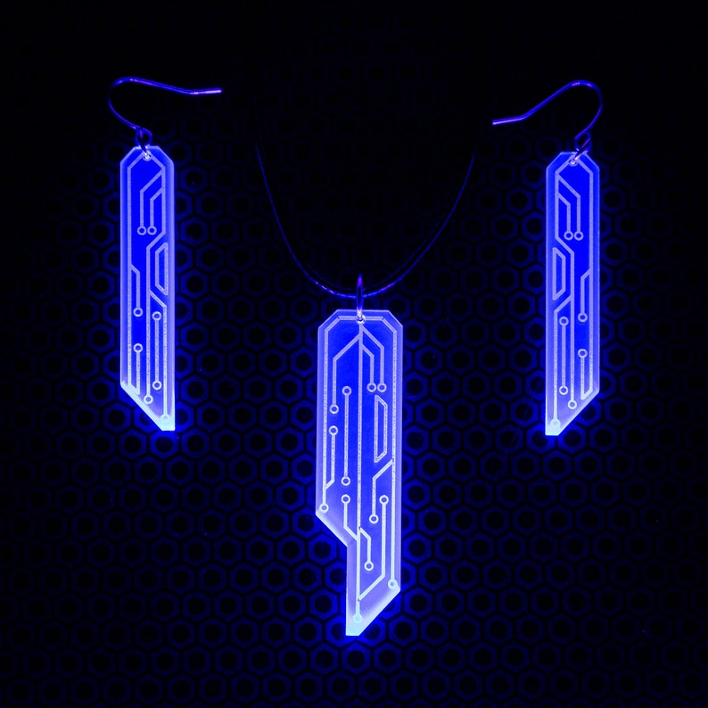 Data Chip Necklace / Blue / UV Reactive / Cyberpunk / Rave / Jewelry / Punk / Neon / Glow Necklace & Earrings