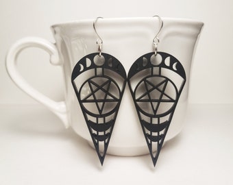 Witch's Point Earrings / Black / Goth / Nugoth / Moon / Pentagram / Laser Cut / Jewelry