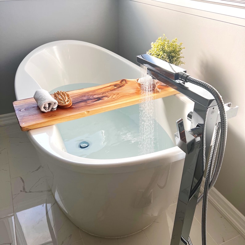 Live Edge Solid Wood Bathtub Tray Sustainable Wood Bath Caddy Bathroom Shelve Home Decor image 7