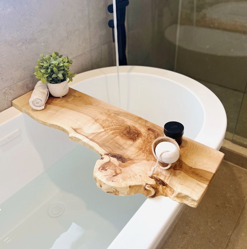 Live Edge Solid Wood Bathtub Tray Sustainable Wood Bath Caddy Bathroom Shelve Home Decor image 2