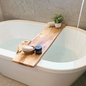 Live Edge Solid Wood Bathtub Tray Sustainable Wood Bath Caddy Bathroom Shelve Home Decor image 5