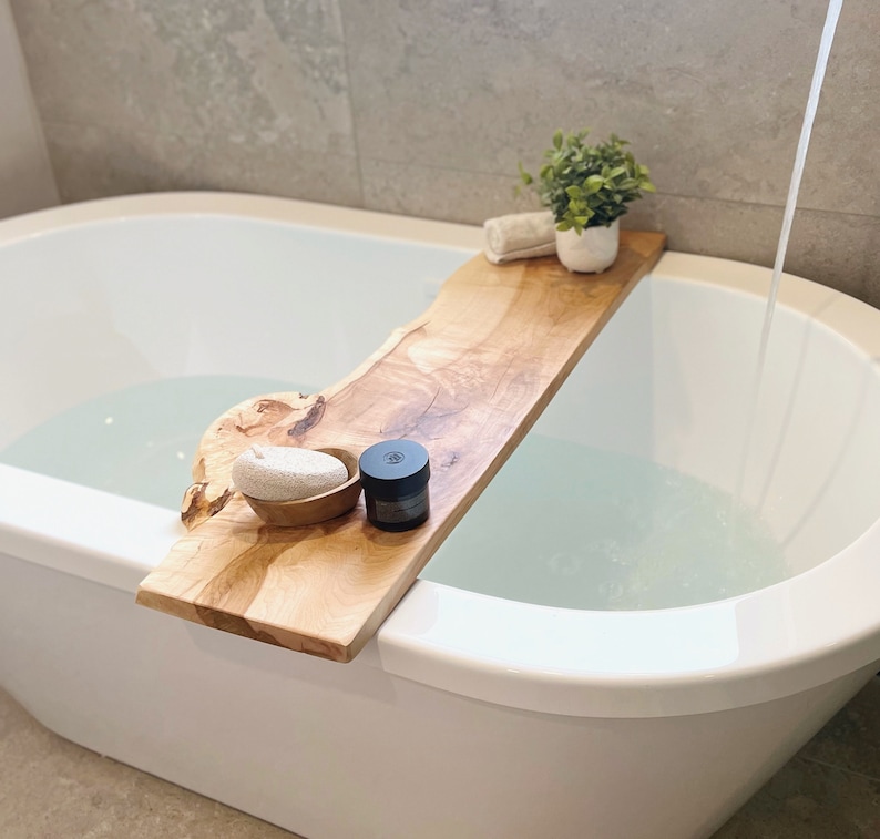 Live Edge Solid Wood Bathtub Tray Sustainable Wood Bath Caddy Bathroom Shelve Home Decor image 5