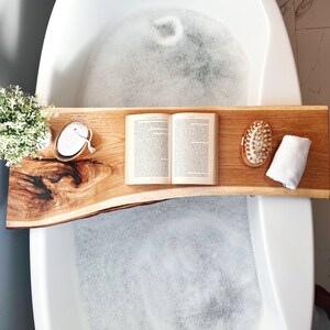 Live Edge Solid Wood Bathtub Tray Sustainable Wood Bath Caddy Bathroom Shelve Home Decor image 3