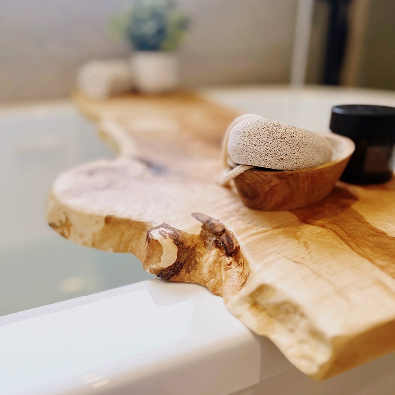 Live Edge Solid Wood Bathtub Tray Sustainable Wood Bath Caddy Bathroom Shelve Home Decor image 4