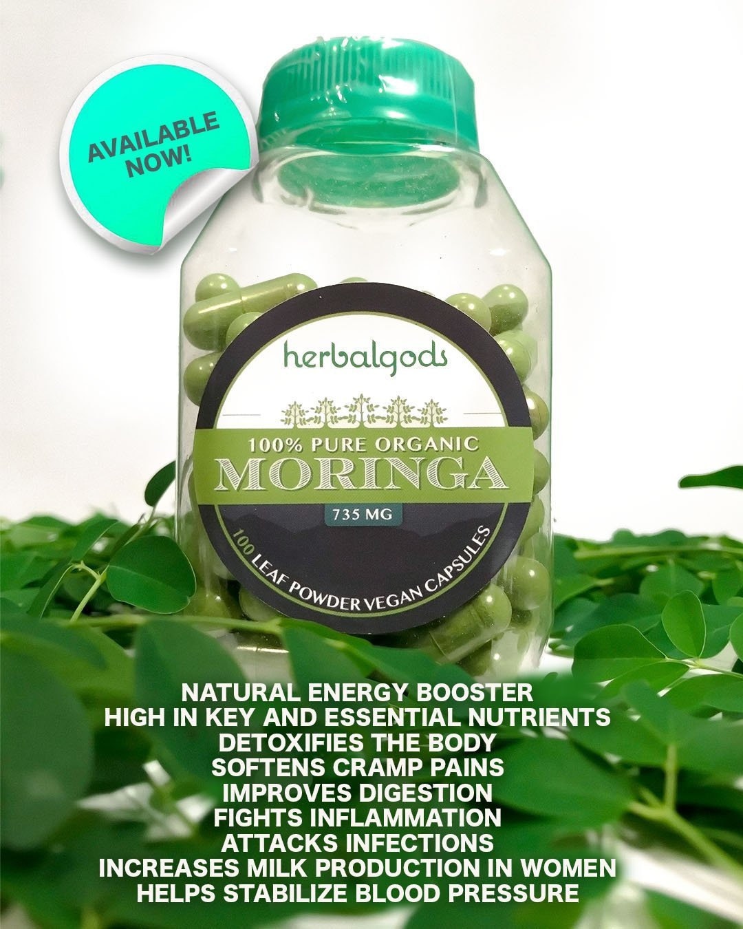 100 Pure Organic Moringa Vegan Capsules (735MG) / Free Shipping / Best