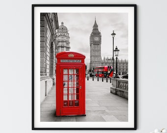 English Red Telephone Box Photos, London Print, London Red Phone Box Wall Art, London Street Photography, London Black and White Print