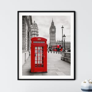 English Red Telephone Box Photos, London Print, London Red Phone Box Wall Art, London Street Photography, London Black and White Print
