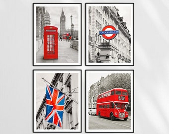 English Red Telephone Box Photos, London Prints SET, London Red and Black Wall Art Gallery, London Street Photography, London Art Prints