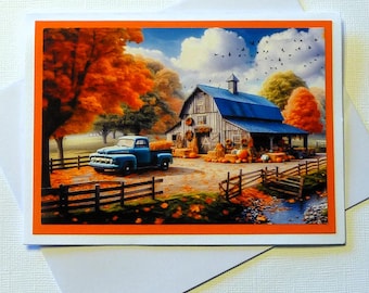 Carte de correspondance automne/automne, belles couleurs d'automne, camionnette vintage, grande grange, citrouilles, carte toutes les occasions, intérieur vierge, 5 1/2 x 4 pouces.