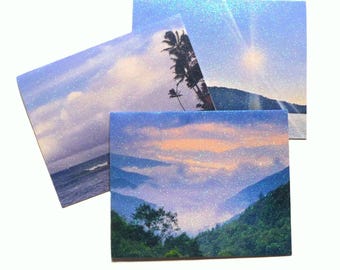 Montagnes, océan ou lac sur des paillettes no-shed, chaque carte mesure environ 5 x 5 po. Fabriqué à la main, beaux-arts, papeterie, cartes de Noël