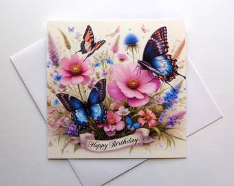 Belle carte de voeux florale de joyeux anniversaire avec des fleurs et des papillons, intérieur vierge, fabriqué à la main, oeuvre d'art IA, papeterie
