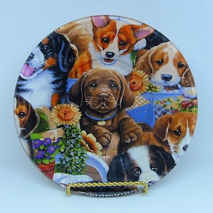 Display Plate, Snack Plate, 8&quot; Adorable Puppies Fabric Covered Glass Plate, Cookie Gifting Plate, Home/Office Decor, Teacher/Hostess Gift